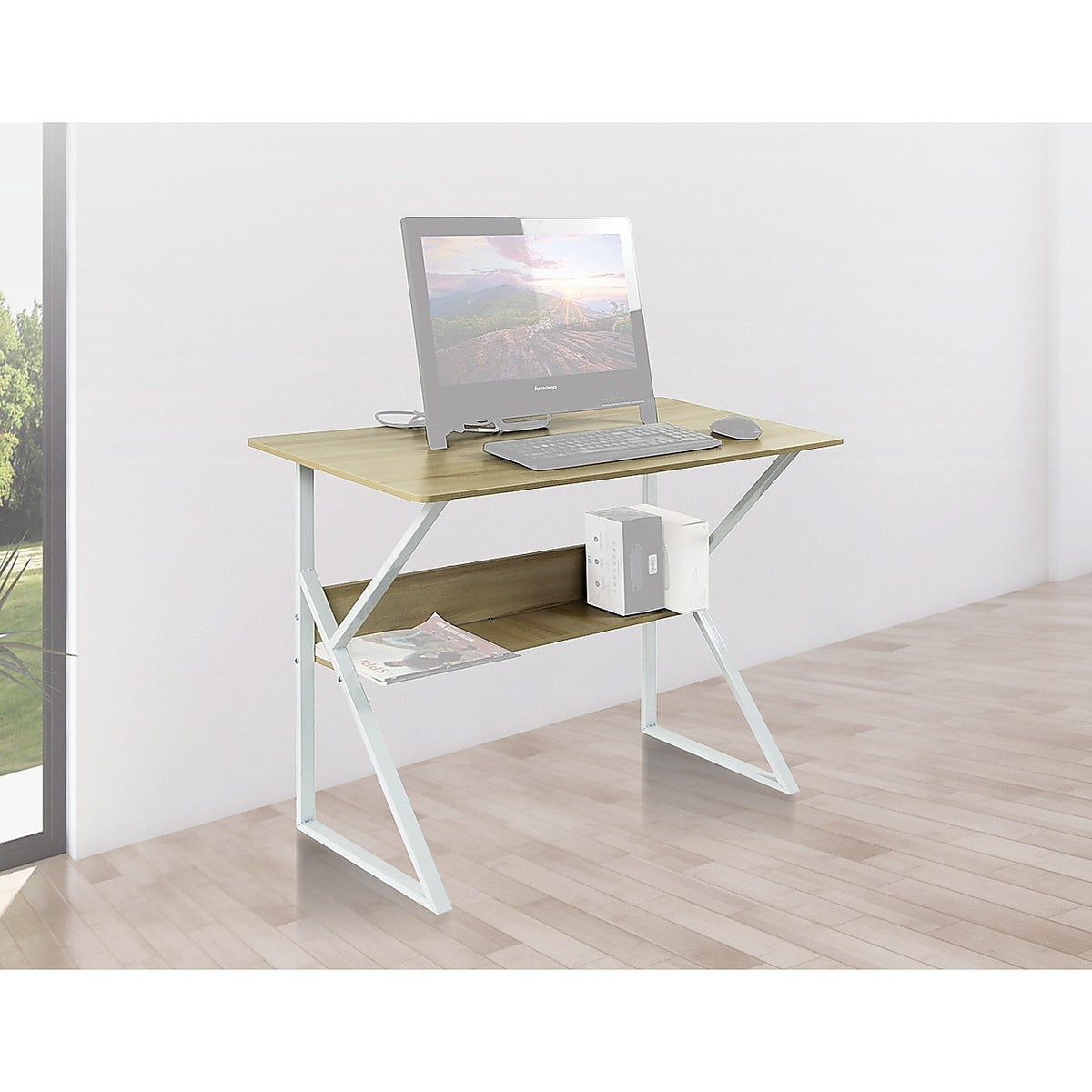 Wood & Metal Computer Desk with Shelf Home Office Furniture